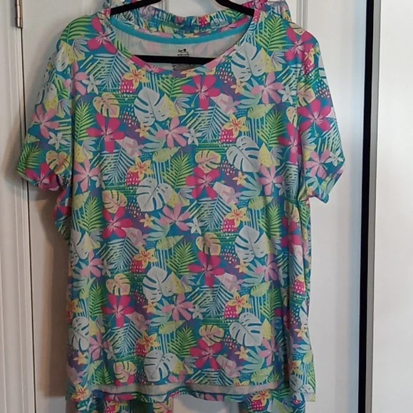 Secret Treasures Vibrant Leaf Print Pajama Set - Pink, Green, Blue - Picture 2 of 5